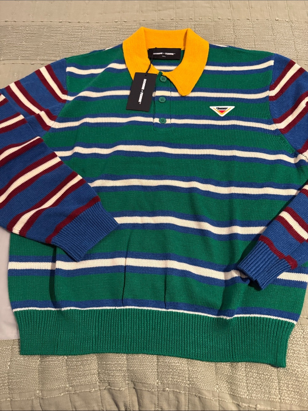 Homme + Femme Striped Knit Polo Sweater in Blue, Yellow & green nwt size smal